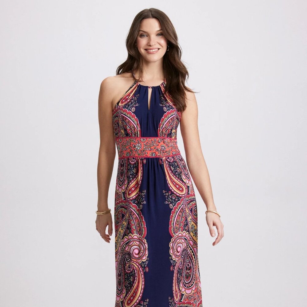 Navy and Coral Paisly Print Maxi -Petite size 8